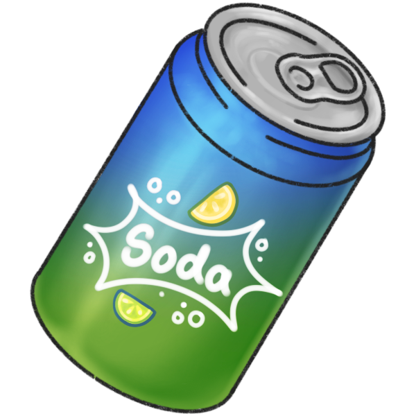 a green and blue soda can with lemons and limes around a splash-shaped label that says 'soda.'